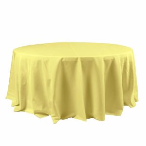 Polyester |  120″ Yellow Seamless Polyester Round Tablecloth for 5 Foot Table With Floor-Length Drop