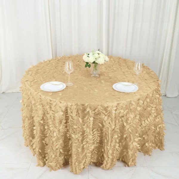 Rosette & Petals |  132″ Champagne Leaf Petal Taffeta Seamless Round Tablecloth for 6 Foot Table With Floor-Length Drop