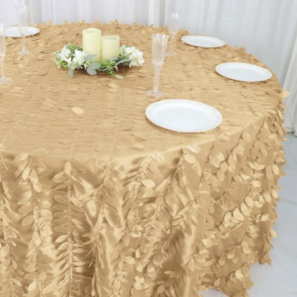 Rosette & Petals |  132″ Champagne Leaf Petal Taffeta Seamless Round Tablecloth for 6 Foot Table With Floor-Length Drop