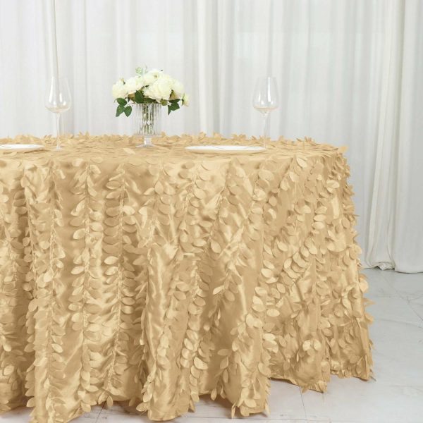 Rosette & Petals |  132″ Champagne Leaf Petal Taffeta Seamless Round Tablecloth for 6 Foot Table With Floor-Length Drop