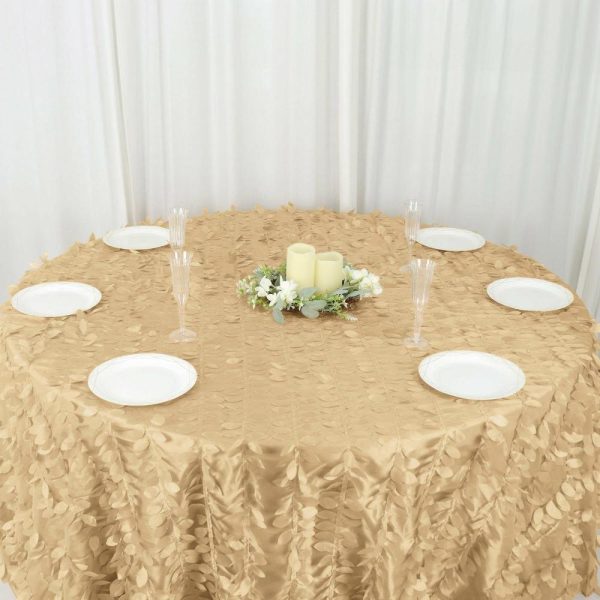 Rosette & Petals |  132″ Champagne Leaf Petal Taffeta Seamless Round Tablecloth for 6 Foot Table With Floor-Length Drop