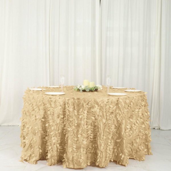 Rosette & Petals |  132″ Champagne Leaf Petal Taffeta Seamless Round Tablecloth for 6 Foot Table With Floor-Length Drop