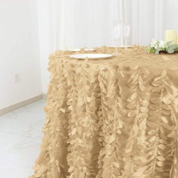 Rosette & Petals |  132″ Champagne Leaf Petal Taffeta Seamless Round Tablecloth for 6 Foot Table With Floor-Length Drop