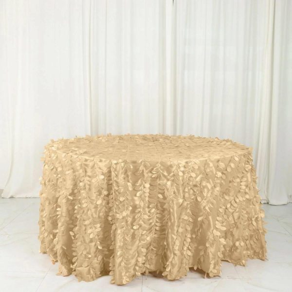 Rosette & Petals |  132″ Champagne Leaf Petal Taffeta Seamless Round Tablecloth for 6 Foot Table With Floor-Length Drop