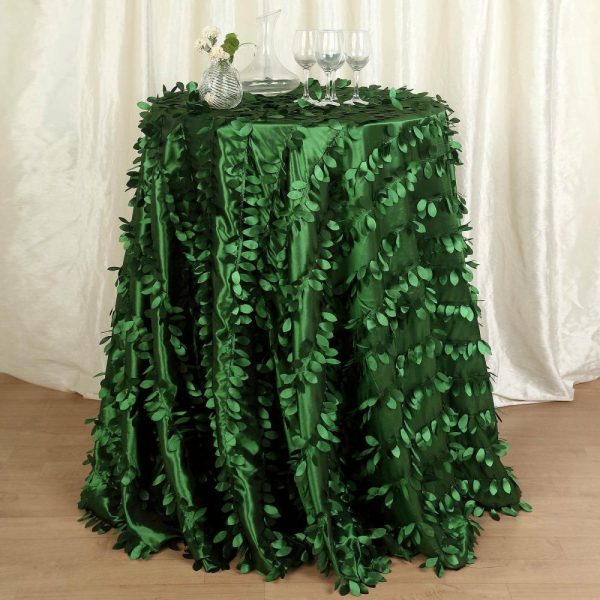 Rosette & Petals |  132″ Green Leaf Petal Taffeta Seamless Round Tablecloth for 6 Foot Table With Floor-Length Drop