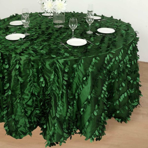 Rosette & Petals |  132″ Green Leaf Petal Taffeta Seamless Round Tablecloth for 6 Foot Table With Floor-Length Drop