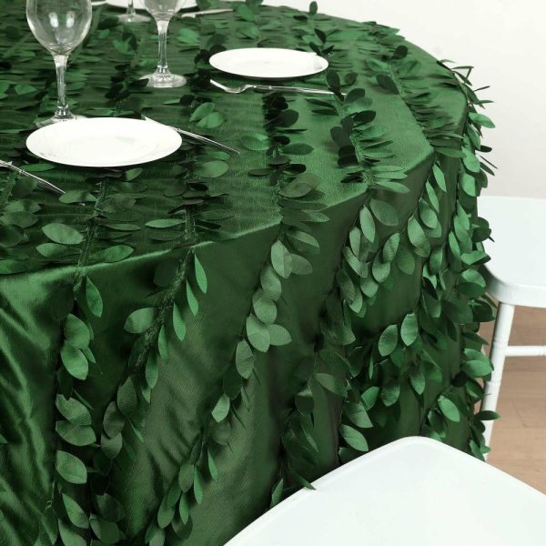 Rosette & Petals |  132″ Green Leaf Petal Taffeta Seamless Round Tablecloth for 6 Foot Table With Floor-Length Drop