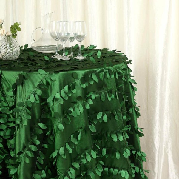 Rosette & Petals |  132″ Green Leaf Petal Taffeta Seamless Round Tablecloth for 6 Foot Table With Floor-Length Drop