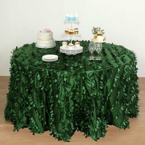 Rosette & Petals |  132″ Green Leaf Petal Taffeta Seamless Round Tablecloth for 6 Foot Table With Floor-Length Drop