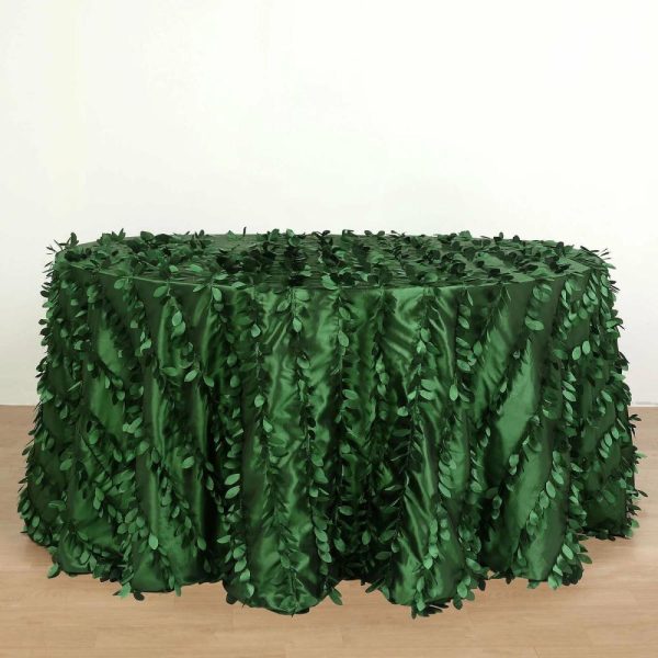 Rosette & Petals |  132″ Green Leaf Petal Taffeta Seamless Round Tablecloth for 6 Foot Table With Floor-Length Drop