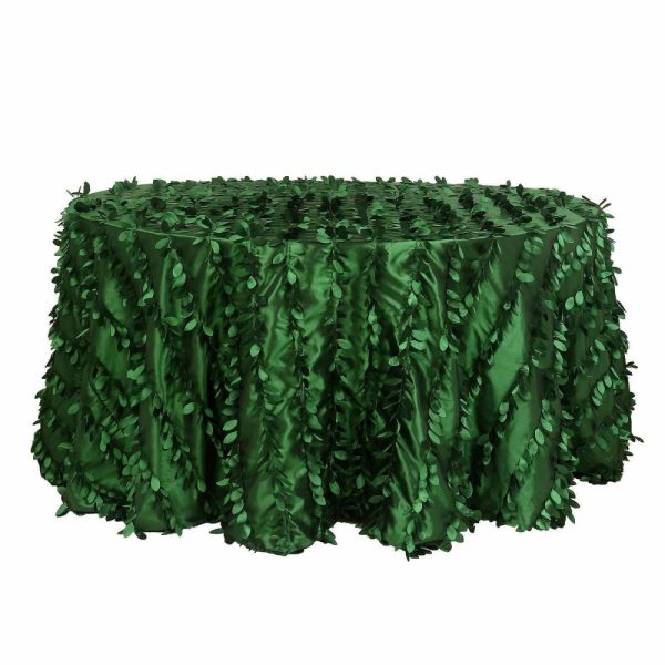 Rosette & Petals |  132″ Green Leaf Petal Taffeta Seamless Round Tablecloth for 6 Foot Table With Floor-Length Drop