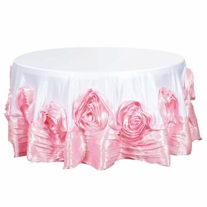 Rosette & Petals |  132″ White Pink Seamless Large Rosette Round Lamour Satin Tablecloth