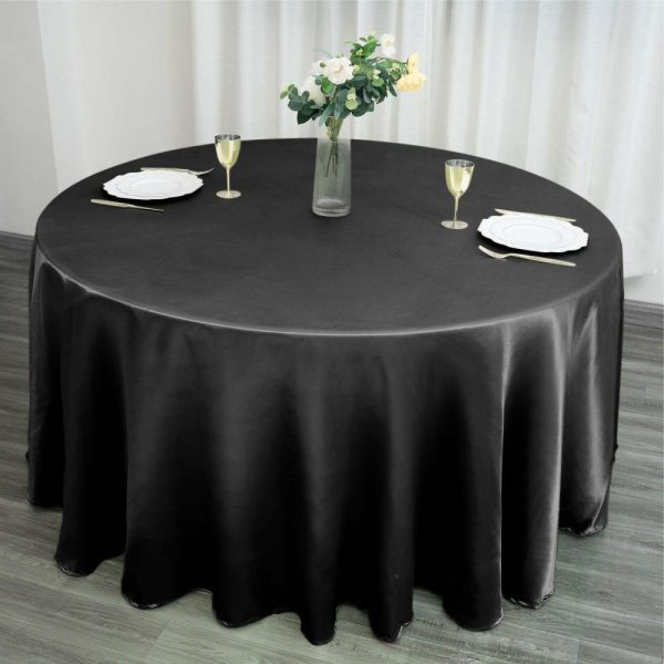 Satin |  120″ Black Seamless Satin Round Tablecloth for 5 Foot Table With Floor-Length Drop