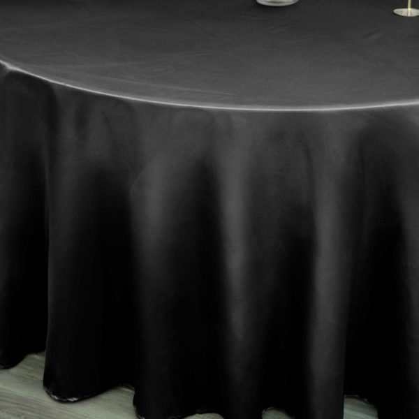 Satin |  120″ Black Seamless Satin Round Tablecloth for 5 Foot Table With Floor-Length Drop