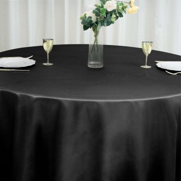 Satin |  120″ Black Seamless Satin Round Tablecloth for 5 Foot Table With Floor-Length Drop