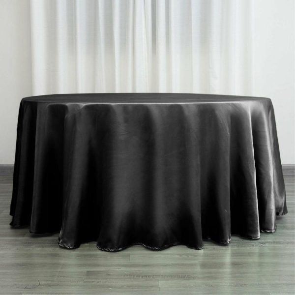 Satin |  120″ Black Seamless Satin Round Tablecloth for 5 Foot Table With Floor-Length Drop