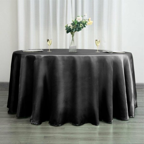 Satin |  120″ Black Seamless Satin Round Tablecloth for 5 Foot Table With Floor-Length Drop