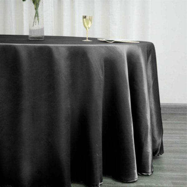 Satin |  120″ Black Seamless Satin Round Tablecloth for 5 Foot Table With Floor-Length Drop