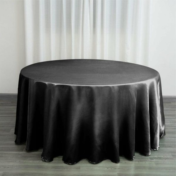 Satin |  120″ Black Seamless Satin Round Tablecloth for 5 Foot Table With Floor-Length Drop