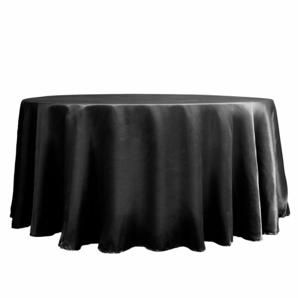 Satin |  120″ Black Seamless Satin Round Tablecloth for 5 Foot Table With Floor-Length Drop