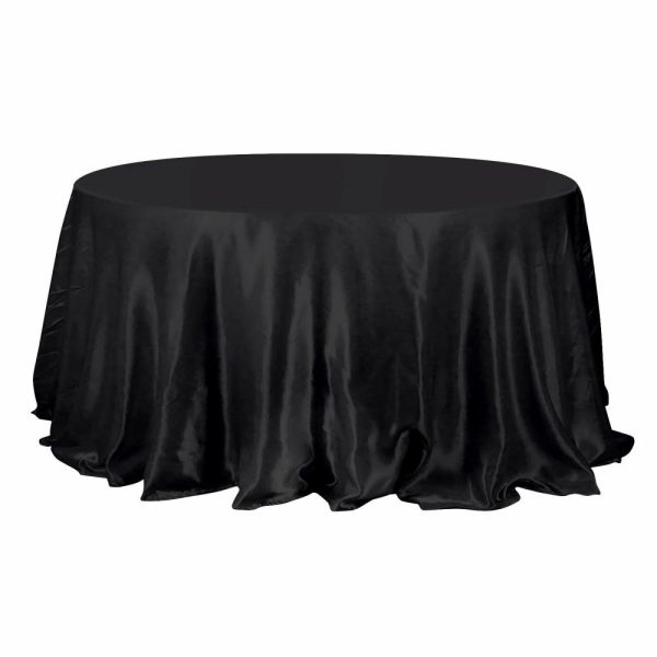 Satin |  132″ Black Seamless Satin Round Tablecloth for 6 Foot Table With Floor-Length Drop