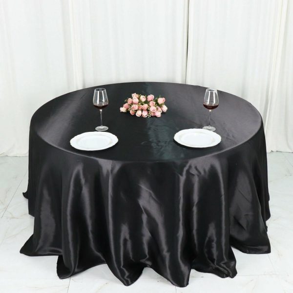 Satin |  132″ Black Seamless Satin Round Tablecloth for 6 Foot Table With Floor-Length Drop