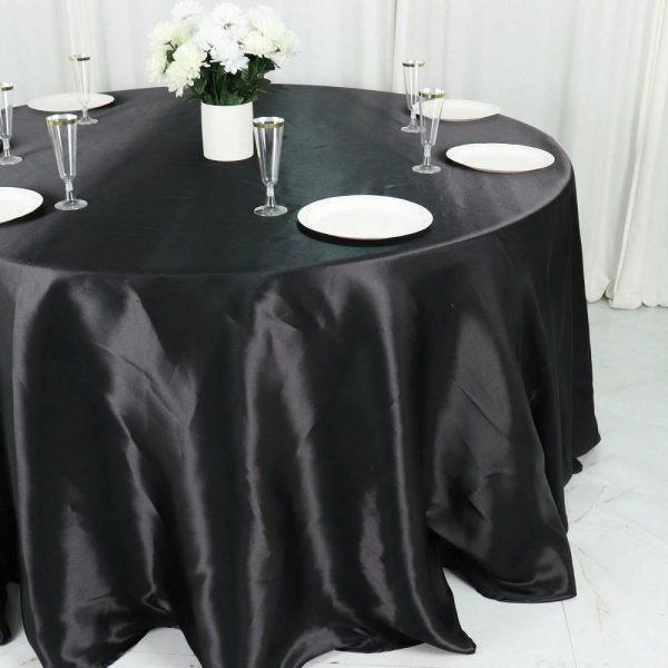 Satin |  132″ Black Seamless Satin Round Tablecloth for 6 Foot Table With Floor-Length Drop