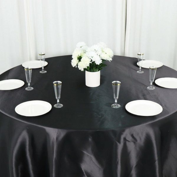 Satin |  132″ Black Seamless Satin Round Tablecloth for 6 Foot Table With Floor-Length Drop