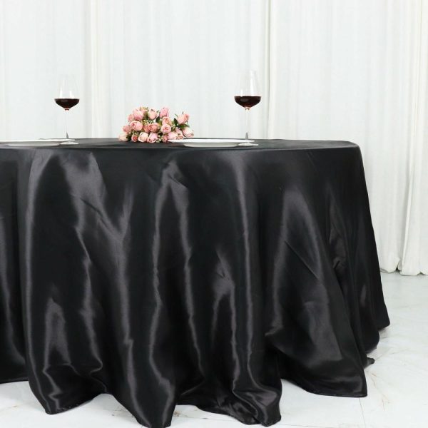 Satin |  132″ Black Seamless Satin Round Tablecloth for 6 Foot Table With Floor-Length Drop