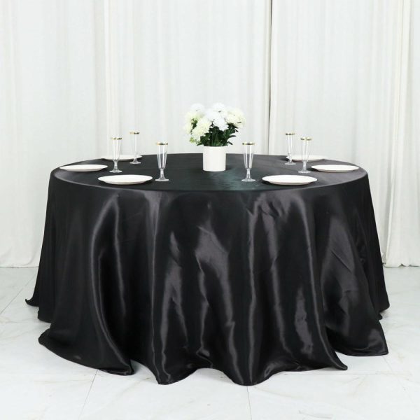 Satin |  132″ Black Seamless Satin Round Tablecloth for 6 Foot Table With Floor-Length Drop