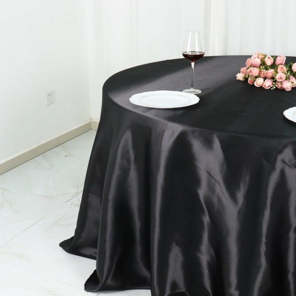 Satin |  132″ Black Seamless Satin Round Tablecloth for 6 Foot Table With Floor-Length Drop