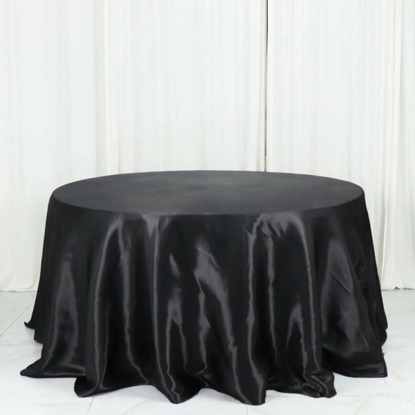 Satin |  132″ Black Seamless Satin Round Tablecloth for 6 Foot Table With Floor-Length Drop