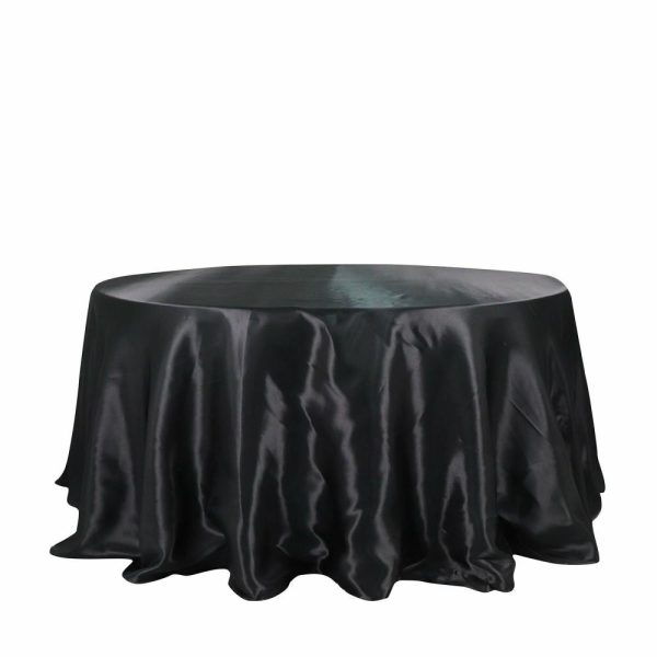 Satin |  132″ Black Seamless Satin Round Tablecloth for 6 Foot Table With Floor-Length Drop