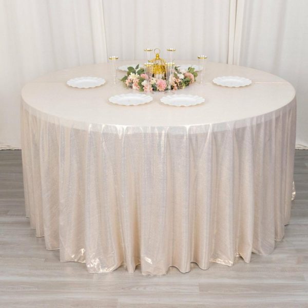 Sequin & Shimmer |  120″ Beige Shimmer Sequin Dots Polyester Tablecloth, Wrinkle Free Sparkle Glitter Table Cover for 5 Foot Table With Floor-Length Drop