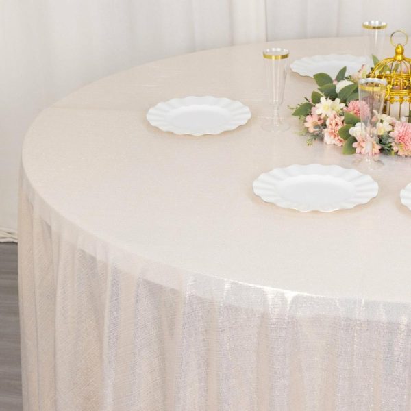 Sequin & Shimmer |  120″ Beige Shimmer Sequin Dots Polyester Tablecloth, Wrinkle Free Sparkle Glitter Table Cover for 5 Foot Table With Floor-Length Drop