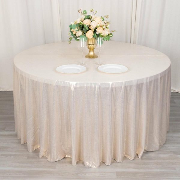 Sequin & Shimmer |  120″ Beige Shimmer Sequin Dots Polyester Tablecloth, Wrinkle Free Sparkle Glitter Table Cover for 5 Foot Table With Floor-Length Drop