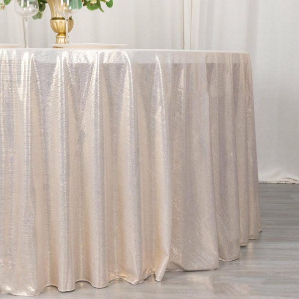 Sequin & Shimmer |  120″ Beige Shimmer Sequin Dots Polyester Tablecloth, Wrinkle Free Sparkle Glitter Table Cover for 5 Foot Table With Floor-Length Drop