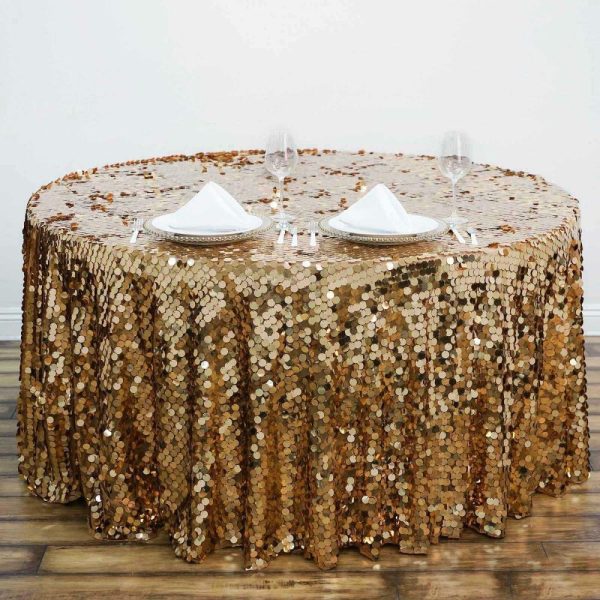 Sequin & Shimmer |  120″ Gold Seamless Big Payette Sequin Round Tablecloth Premium Collection for 5 Foot Table With Floor-Length Drop