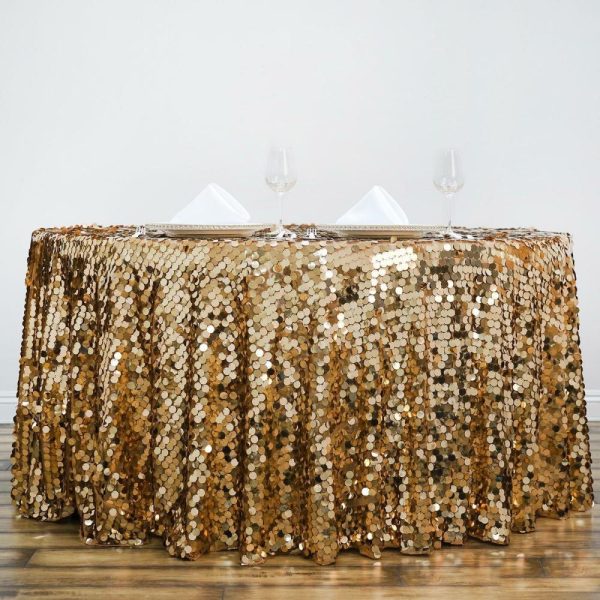 Sequin & Shimmer |  120″ Gold Seamless Big Payette Sequin Round Tablecloth Premium Collection for 5 Foot Table With Floor-Length Drop