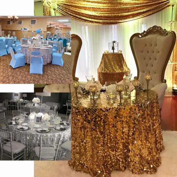 Sequin & Shimmer |  120″ Gold Seamless Big Payette Sequin Round Tablecloth Premium Collection for 5 Foot Table With Floor-Length Drop