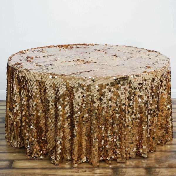 Sequin & Shimmer |  120″ Gold Seamless Big Payette Sequin Round Tablecloth Premium Collection for 5 Foot Table With Floor-Length Drop