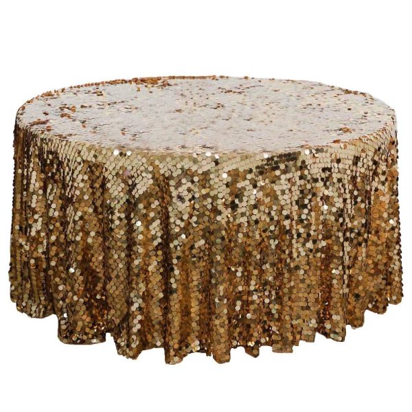 Sequin & Shimmer |  120″ Gold Seamless Big Payette Sequin Round Tablecloth Premium Collection for 5 Foot Table With Floor-Length Drop