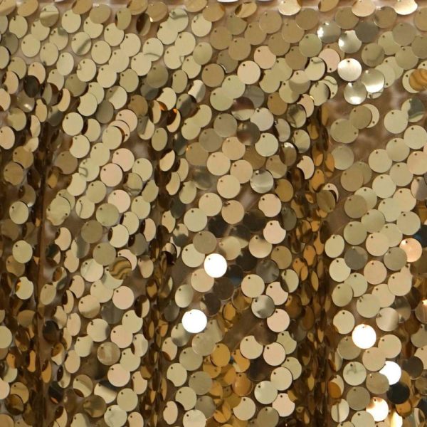 Sequin & Shimmer |  120″ Gold Seamless Big Payette Sequin Round Tablecloth Premium Collection for 5 Foot Table With Floor-Length Drop