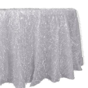 Sequin & Shimmer |  120″ Metallic Silver Premium Tinsel Shag Round Tablecloth, Shimmery Metallic Fringe Polyester Tablecloth for 5 Foot Table With Floor-Length Drop