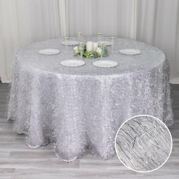 Sequin & Shimmer |  120″ Metallic Silver Premium Tinsel Shag Round Tablecloth, Shimmery Metallic Fringe Polyester Tablecloth for 5 Foot Table With Floor-Length Drop