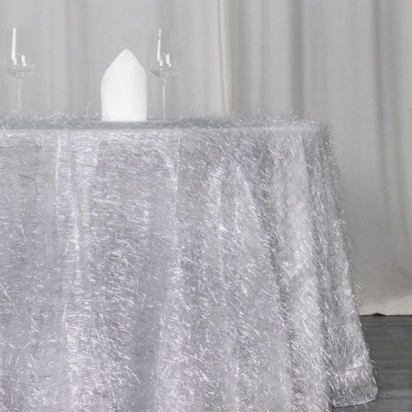 Sequin & Shimmer |  120″ Metallic Silver Premium Tinsel Shag Round Tablecloth, Shimmery Metallic Fringe Polyester Tablecloth for 5 Foot Table With Floor-Length Drop