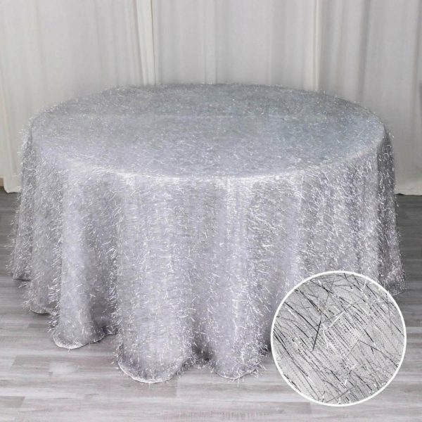 Sequin & Shimmer |  120″ Metallic Silver Premium Tinsel Shag Round Tablecloth, Shimmery Metallic Fringe Polyester Tablecloth for 5 Foot Table With Floor-Length Drop