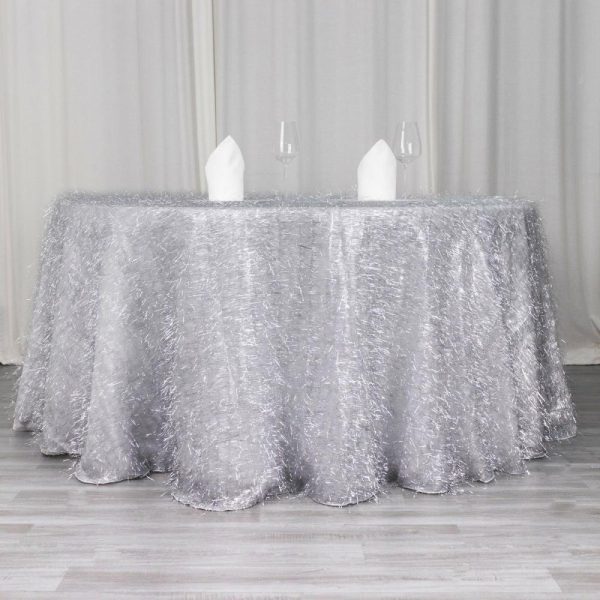 Sequin & Shimmer |  120″ Metallic Silver Premium Tinsel Shag Round Tablecloth, Shimmery Metallic Fringe Polyester Tablecloth for 5 Foot Table With Floor-Length Drop