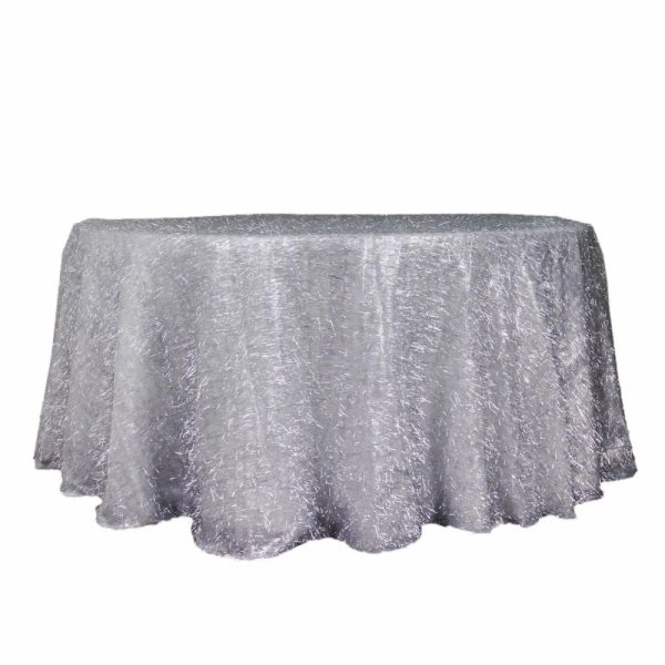 Sequin & Shimmer |  120″ Metallic Silver Premium Tinsel Shag Round Tablecloth, Shimmery Metallic Fringe Polyester Tablecloth for 5 Foot Table With Floor-Length Drop