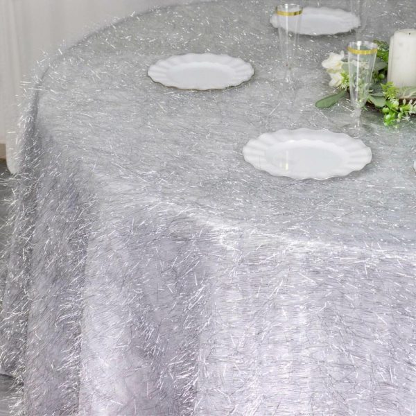 Sequin & Shimmer |  120″ Metallic Silver Premium Tinsel Shag Round Tablecloth, Shimmery Metallic Fringe Polyester Tablecloth for 5 Foot Table With Floor-Length Drop